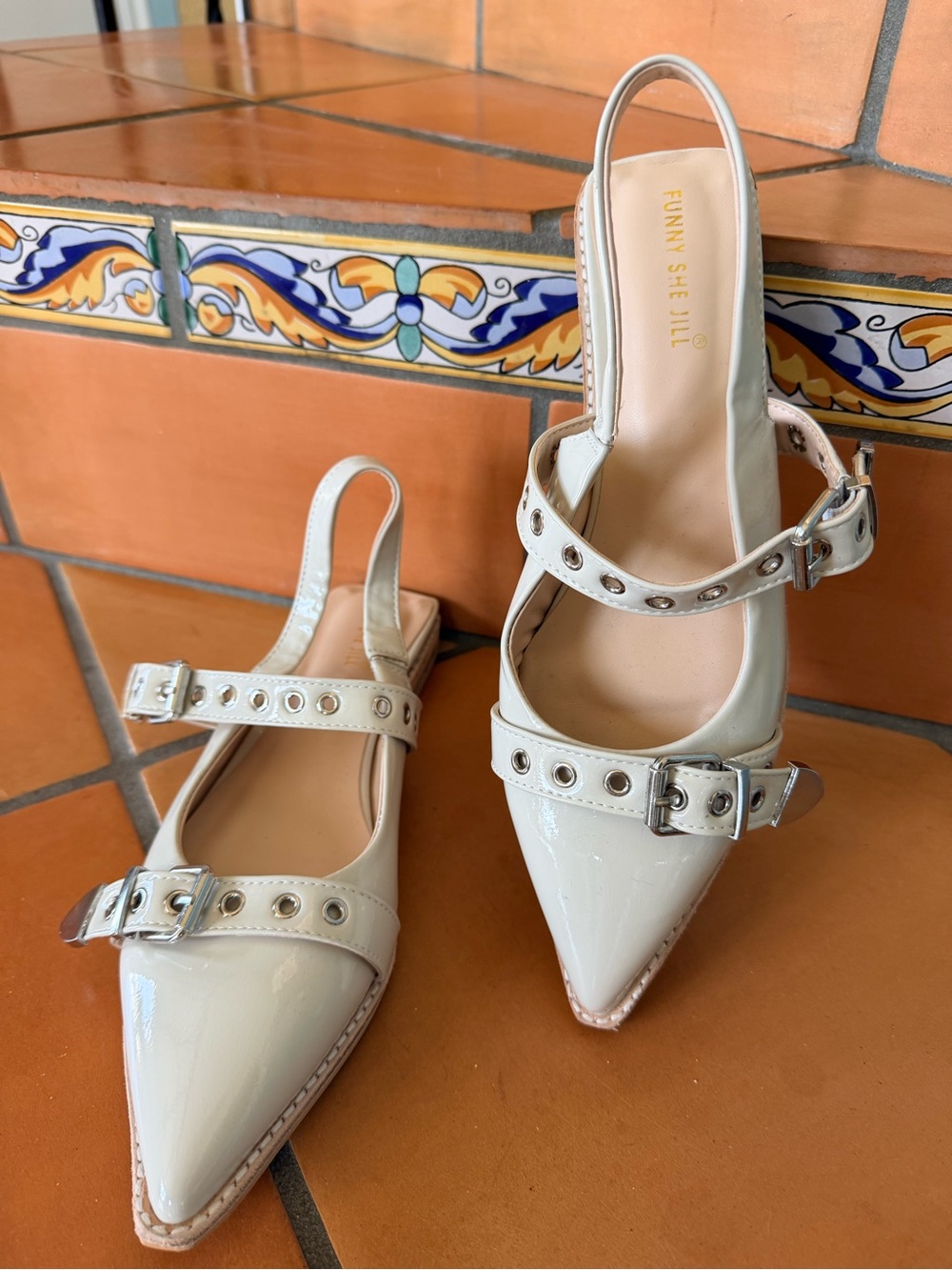 FSJ Cream Patent Pointed Slingback Flats with Buckle Straps and Grommet Detail